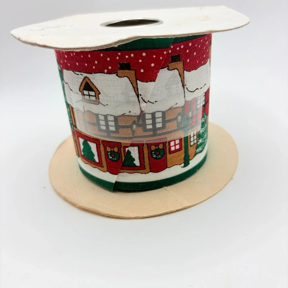 Lion Ribbon Village Christmas Red Winter Scene Fabric Ribbon 2.5